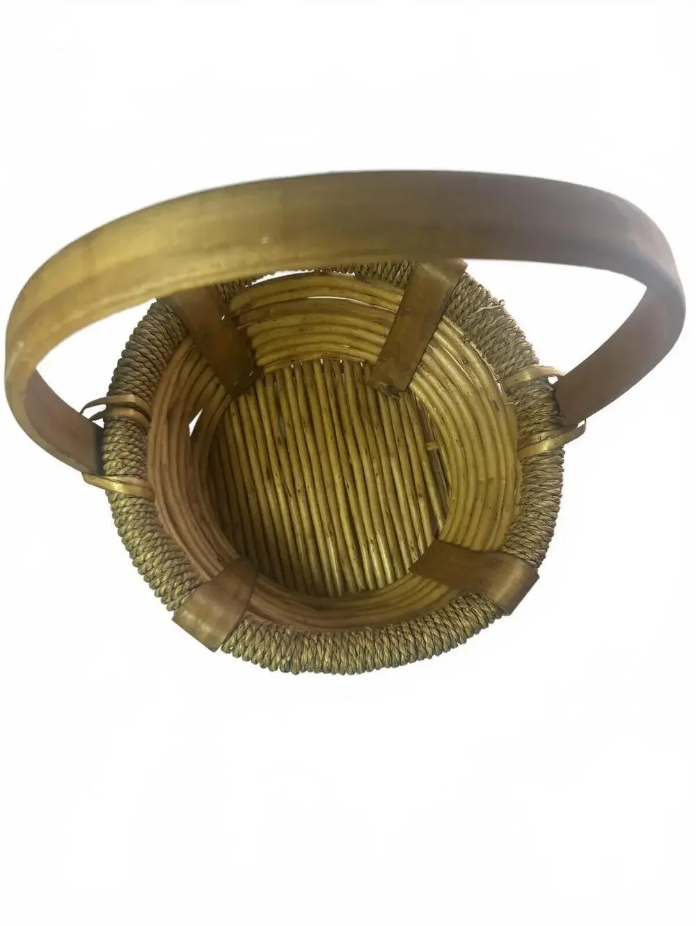 Vintage Wooden Woven Rattan Basket with Arc Handle
